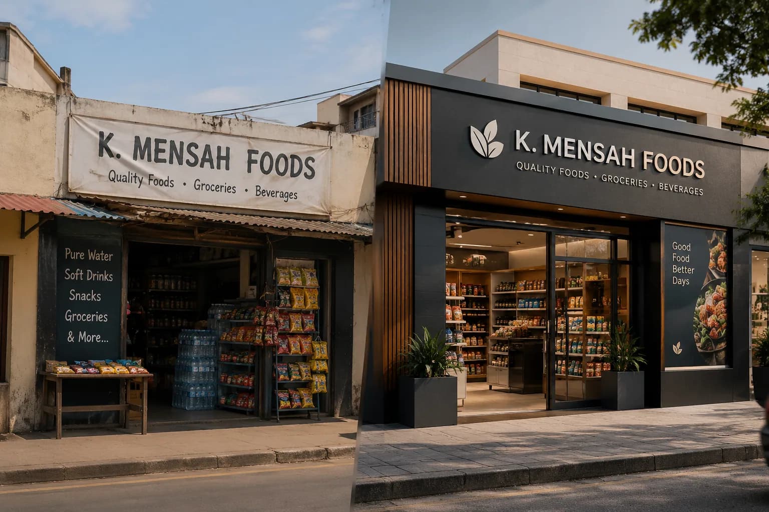 A split-screen view of the same Ghanaian grocery business before and after a professional brand transformation, contrasting an improvised storefront with a polished, modern identity.
